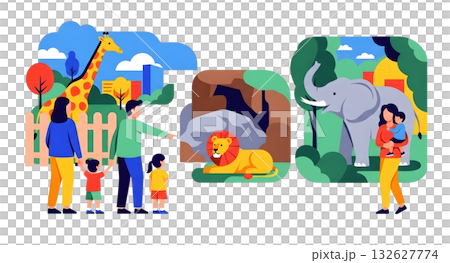 動物園を楽しむ親子のフラットイラスト 動物園を楽しむ親子のフラットイラスト 132627774