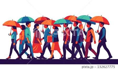 傘をさして歩く人々のフラットイラスト 132627775