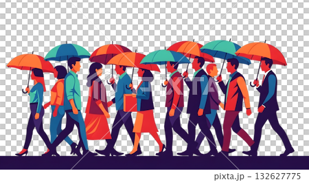 傘をさして歩く人々のフラットイラスト 132627775
