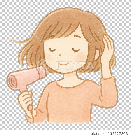 【人物】一位女士用吹風機吹乾頭髮的插圖 / 波波頭 132627808