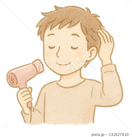 【人物】ドライヤーで髪を乾かす男性のイラスト 132627810