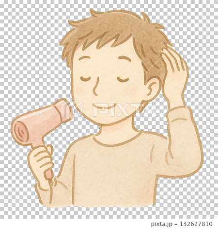 【人物】ドライヤーで髪を乾かす男性のイラスト 132627810
