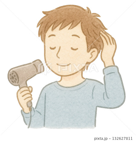 【人物】ドライヤーで髪を乾かす男性のイラスト/タイプ2 132627811