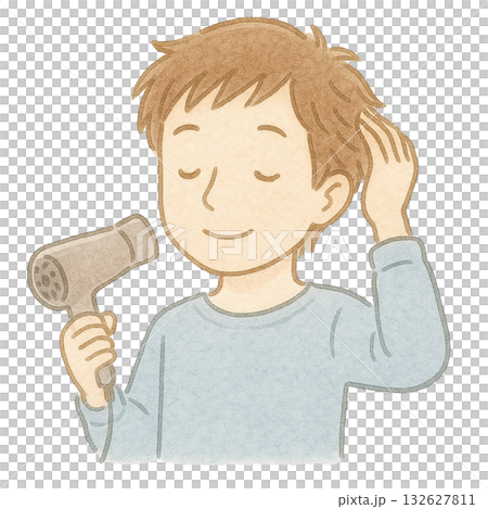 【人物】ドライヤーで髪を乾かす男性のイラスト/タイプ2 132627811