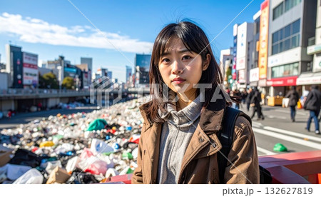 観光客によるゴミだらけの浅草を見て悲しげな顔の日本人女性 観光客によるゴミだらけの浅草を見て悲しげな顔の日本人女性 132627819
