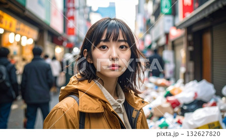 観光客によるゴミだらけの浅草を見て悲しげな顔の日本人女性 観光客によるゴミだらけの浅草を見て悲しげな顔の日本人女性 132627820