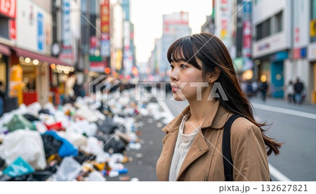 観光客によるゴミだらけの浅草を見て悲しげな顔の日本人女性 観光客によるゴミだらけの浅草を見て悲しげな顔の日本人女性 132627821