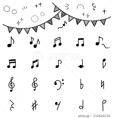 手描きの音符と音楽記号セット　ガーランドとキラキラのモノクロイラスト素材（背景透過） 132628210