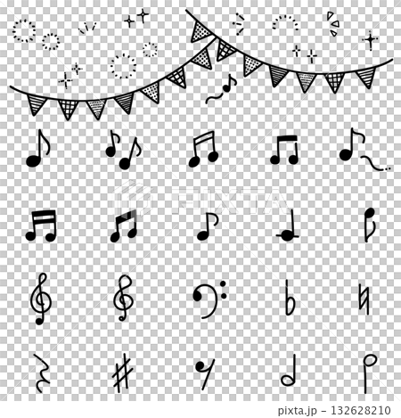 手描きの音符と音楽記号セット　ガーランドとキラキラのモノクロイラスト素材（背景透過） 132628210