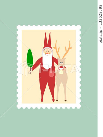 クリスマス　サンタクロースとトナカイ鹿　切手メール　赤　イラスト　ベクター 132628398