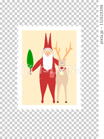 クリスマス　サンタクロースとトナカイ鹿　切手メール　赤　イラスト　ベクター 132628398