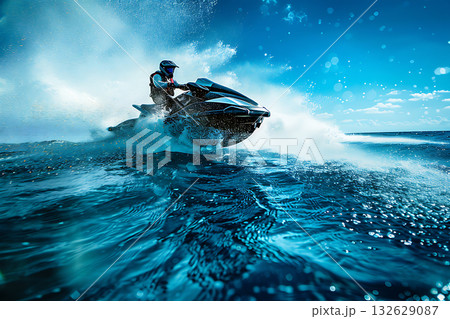 青い海を疾走するジェットスキー 132629087