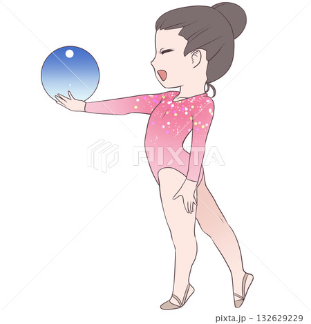 新体操をする若い女性選手。ボールの演技をする女子新体操選手。シンプルで可愛いクリップアート 132629229