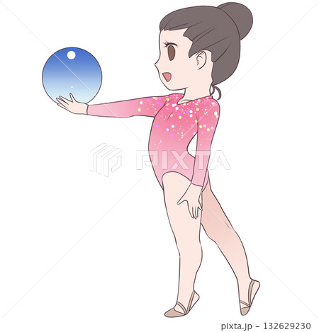 新体操をする若い女性選手。ボールの演技をする女子新体操選手。シンプルで可愛いクリップアート 132629230