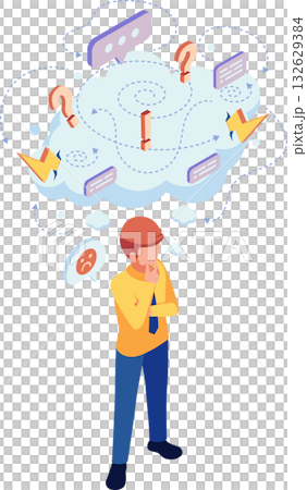 Isometric Man Overthinking with Cloud of Confusing Thoughts Isometric Man Overthinking with Cloud of Confusing Thoughts 132629384