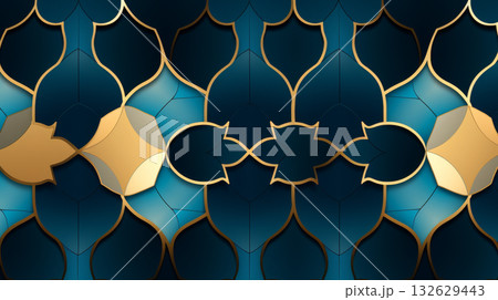 Stained glass floral pattern in shades of teal blue and golden yellow, suitable as Arabic background Stained glass floral pattern in shades of teal blue and golden yellow, suitable as Arabic background 132629443