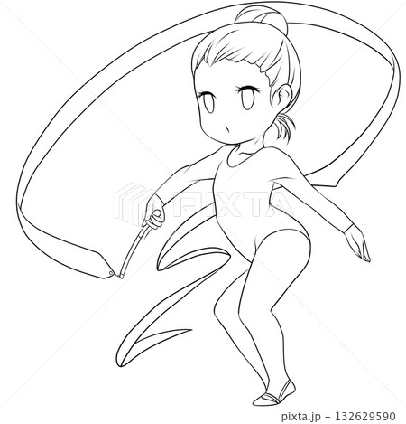 新体操をする若い女性選手。リボンの演技をする女子新体操選手。シンプルで可愛いクリップアート・線画 132629590