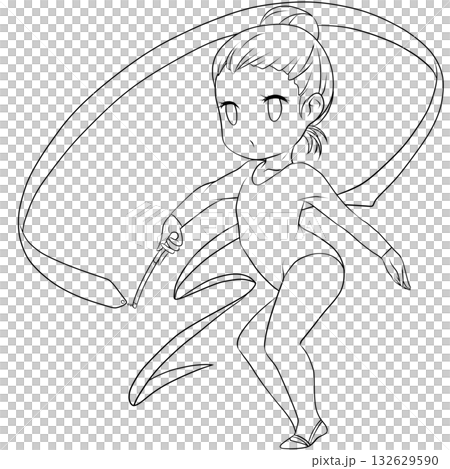 Young female rhythmic gymnast. Female rhythmic gymnast performing a ribbon routine. Simple and cute clip art/line drawing Young female rhythmic gymnast. Female rhythmic gymnast performing a ribbon routine. Simple and cute clip art/line drawing 132629590