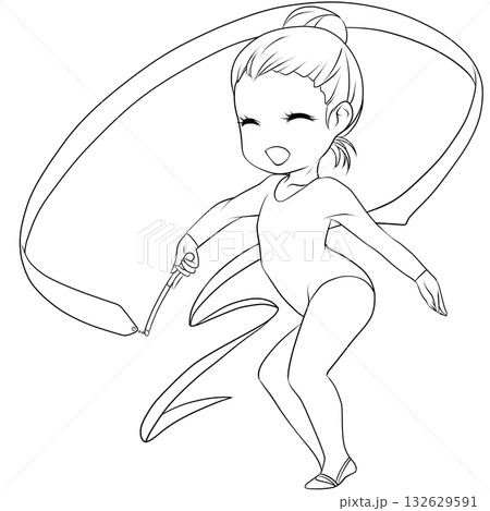 新体操をする若い女性選手。リボンの演技をする女子新体操選手。シンプルで可愛いクリップアート・線画 132629591