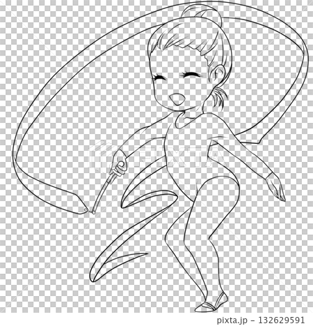 年輕的女子藝術體操運動員。女子藝術體操選手正在表演彩帶動作。簡潔可愛的剪貼畫/線條畫。 132629591