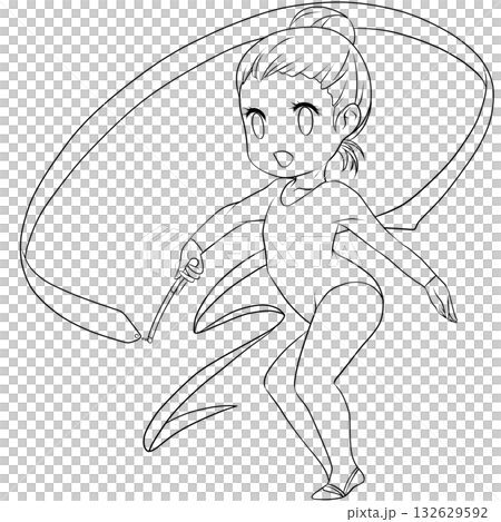 Young female rhythmic gymnast. Female rhythmic gymnast performing a ribbon routine. Simple and cute clip art/line drawing Young female rhythmic gymnast. Female rhythmic gymnast performing a ribbon routine. Simple and cute clip art/line drawing 132629592