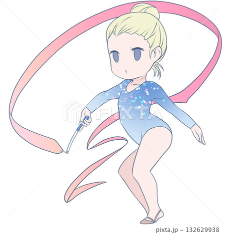 新体操をする若い女性選手。リボンの演技をする女子新体操選手。シンプルで可愛いクリップアート 132629938