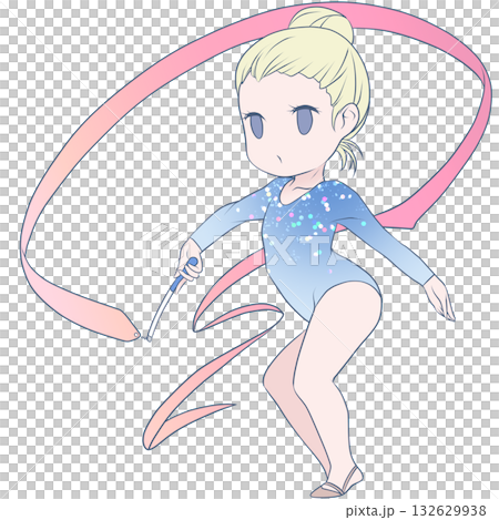 新体操をする若い女性選手。リボンの演技をする女子新体操選手。シンプルで可愛いクリップアート 132629938