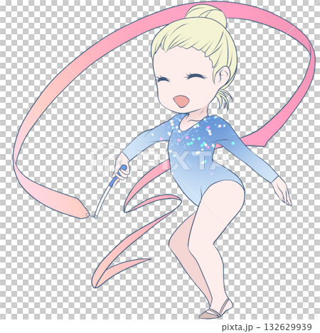 A young female rhythmic gymnast. A female rhythmic gymnast performing a ribbon routine. Simple and cute clip art 132629939