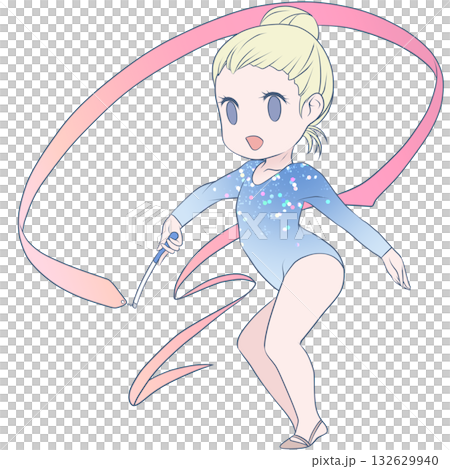 A young female rhythmic gymnast. A female rhythmic gymnast performing a ribbon routine. Simple and cute clip art 132629940