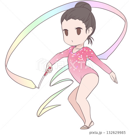 新体操をする若い女性選手。リボンの演技をする女子新体操選手。シンプルで可愛いクリップアート 132629985