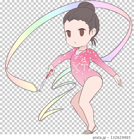 年輕的藝術體操女運動員。一位藝術體操女運動員正在表演彩帶動作。簡潔可愛的剪貼畫。 132629985