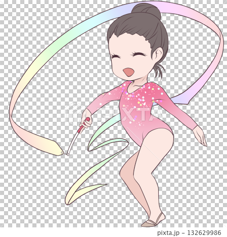 年輕的藝術體操女運動員。一位藝術體操女運動員正在表演彩帶動作。簡潔可愛的剪貼畫。 132629986