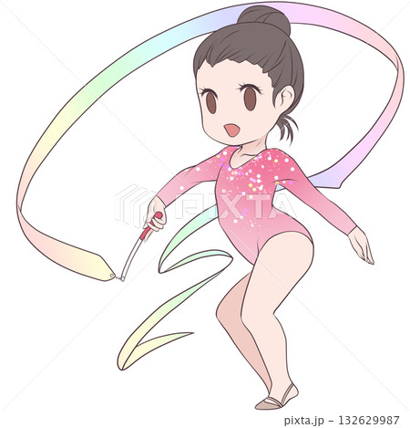 新体操をする若い女性選手。リボンの演技をする女子新体操選手。シンプルで可愛いクリップアート 132629987