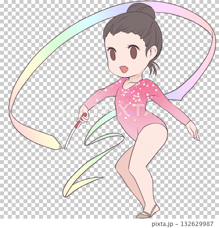 新体操をする若い女性選手。リボンの演技をする女子新体操選手。シンプルで可愛いクリップアート 132629987