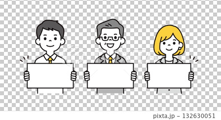 An upper body vector illustration set of an elderly president and young male and female office workers introducing themselves with a flip chart An upper body vector illustration set of an elderly president and young male and female office workers introducing themselves with a flip chart 132630051