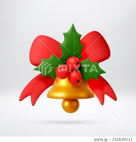 3D Golden Christmas bell with red bow and holly. 132630121