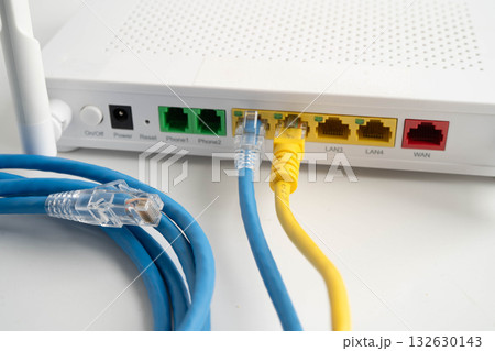 Ethernet cable with wireless router connect to internet service provider network. 132630143