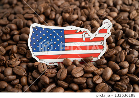 US America flag on coffee beans, shopping online for export or import food product. US America flag on coffee beans, shopping online for export or import food product. 132630199