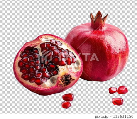Ripe and Juicy Pomegranate Halves Revealing Bright Red Arils on White Background  Healthy Nutritious Superfood Concept with Copyspace 132631150