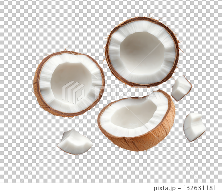 Freshly cracked open coconut halves showcased on a rustic wooden background  The tropical fruit s white juicy flesh and hard brown shell are visible in this closeup studio shot  A healthy nutritious 132631181