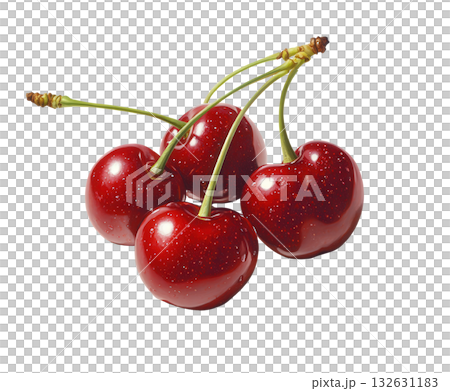 Ripe and juicy red cherries with dew drops clinging to their shiny stems freshly picked from the tree and ready for a variety of culinary uses or as a natural healthy snack 132631183
