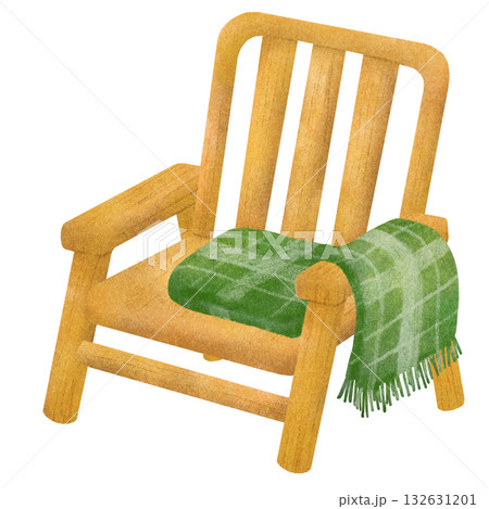 チェック柄のブランケットがかかった木製の椅子 チェック柄のブランケットがかかった木製の椅子 132631201