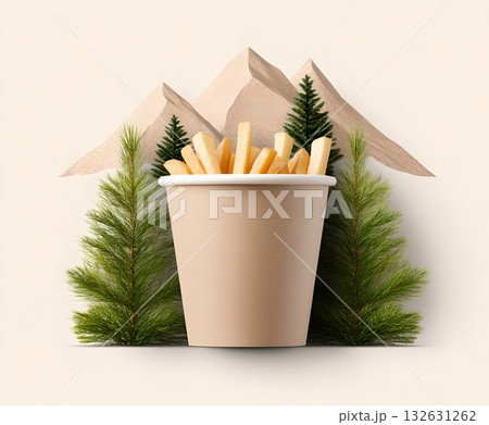 A paper cup filled with crispy golden french fries set against the tranquil backdrop of snow capped mountains and lush pine trees creating a minimalist and nature inspired still life composition A paper cup filled with crispy golden french fries set against the tranquil backdrop of snow capped mountains and lush pine trees creating a minimalist and nature inspired still life composition 132631262