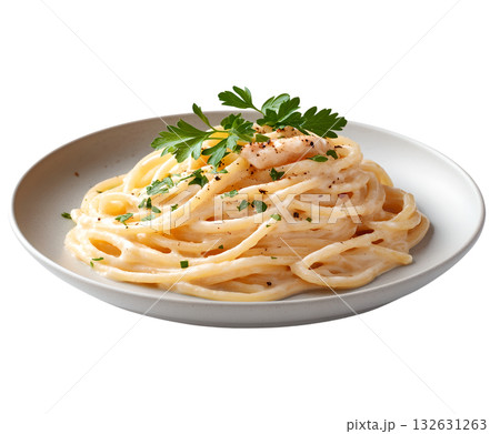 A plate of perfectly cooked spaghetti tossed in a rich creamy carbonara sauce made with eggs cheese and crispy bacon garnished with fresh parsley for a touch of flavor and color 132631263