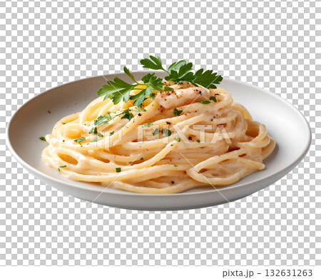 A plate of perfectly cooked spaghetti tossed in a rich creamy carbonara sauce made with eggs cheese and crispy bacon garnished with fresh parsley for a touch of flavor and color 132631263