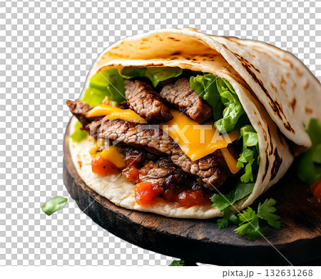 Delicious taco filled with seasoned beef crisp lettuce melted cheese and a flavorful salsa served on a warm tortilla shell Delicious taco filled with seasoned beef crisp lettuce melted cheese and a flavorful salsa served on a warm tortilla shell 132631268
