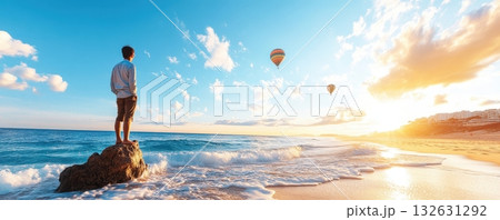 Breathtaking sunset scene with vibrant colors reflected on the calm endless ocean waves gently crashing against the rugged coastal rocks 132631292