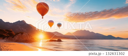 Breathtaking view of hot air balloons floating gracefully above a serene lake with majestic mountains in the background all bathed in the warm glowing light of a spectacular sunset  A peaceful 132631302