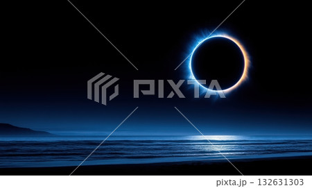 Captivating image showcasing the mesmerizing and dramatic sight of a solar eclipse unfolding over a tranquil ocean coastline creating a breathtaking celestial spectacle against the serene horizon Captivating image showcasing the mesmerizing and dramatic sight of a solar eclipse unfolding over a tranquil ocean coastline creating a breathtaking celestial spectacle against the serene horizon 132631303