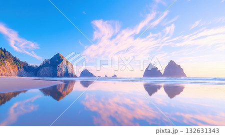 Breathtaking sunset reflection on a tranquil beach with rugged mountains in the distance  Serene and picturesque coastal landscape with a peaceful natural atmosphere 132631343